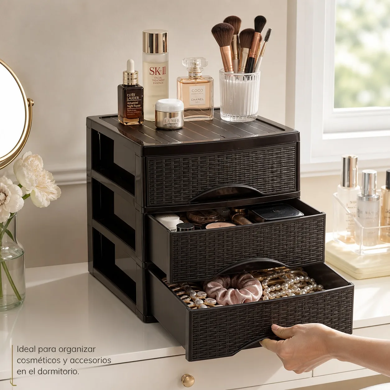Organisateur de table avec tiroirs effet rotin en plastique PP durable, meuble de rangement à 2, 3 ou 4 niveaux pour cosmétiques, bureau et salle de bain, dimensions 35,5 x 26 x 36,5 cm