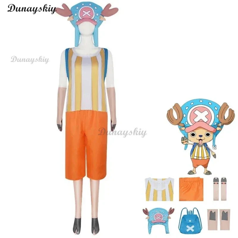 Disfraz de cosplay de Tony Chopper de New Anime, sombrero de peluche Thousand Sunny, uniforme a rayas, mochila, hombre kawaii, Hallox