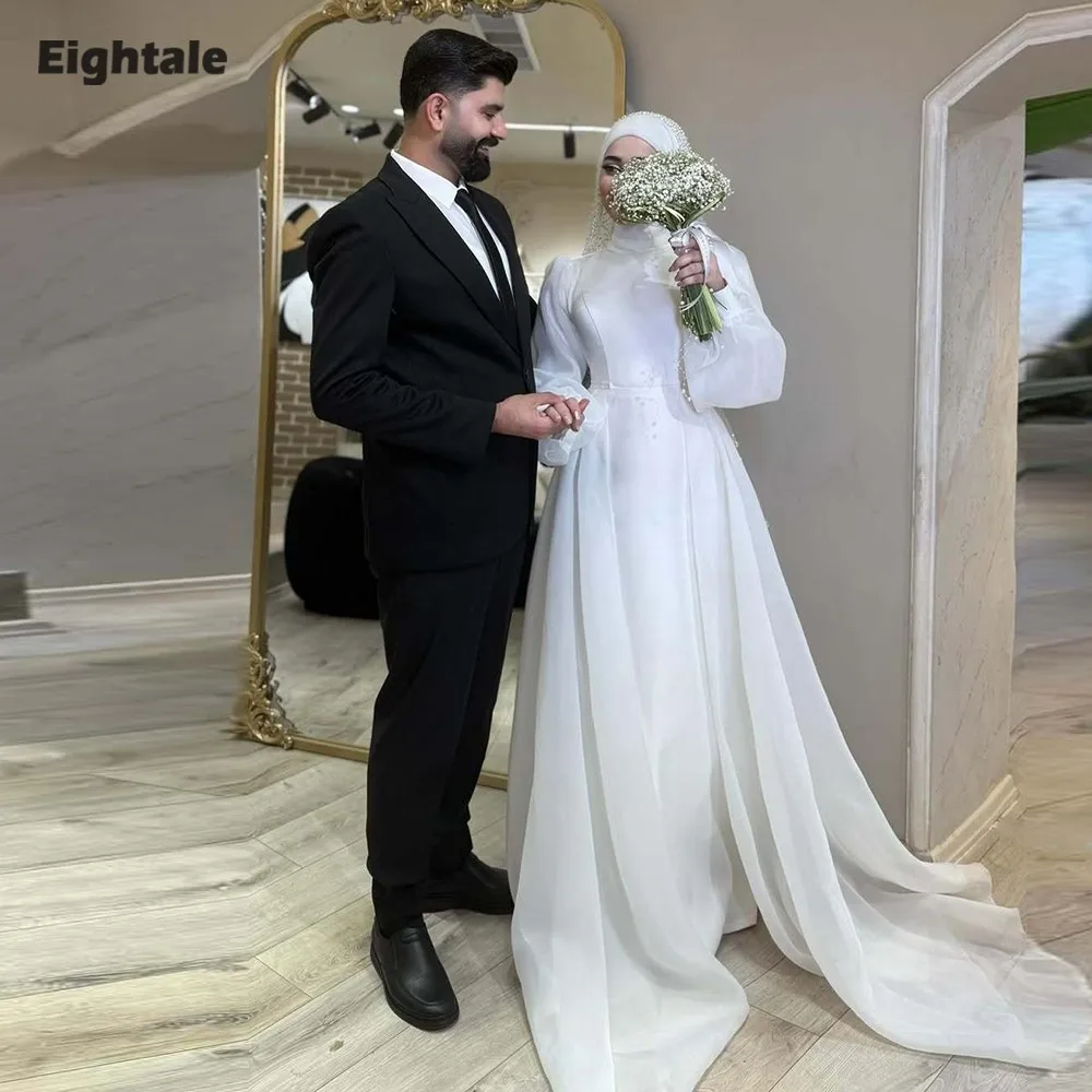 

Eightale Arabic Wedding Dresses High Neck Customized Long Sleeve Mermaid Satin Muslim Bridal Gowns Vestidos De Novia