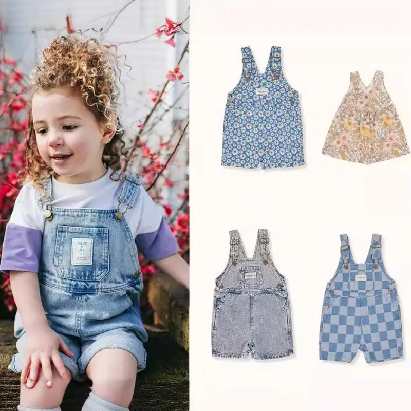 2024 Children's Denim Overalls Retro Baby Girls Boys Printing Jumpsuit Summer Flowers Plaid Outing Casual Infant Kids Clothing