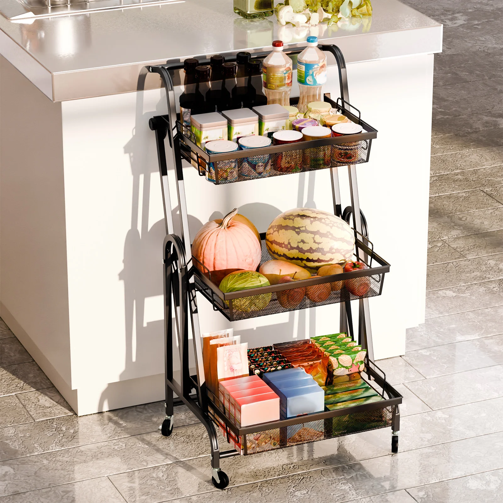 

3-Layer Rolling Foldable Metal Storage Cart With Detachable Mesh Basket Space-Efficient Fruits Vegetables Organizer Storage Rack