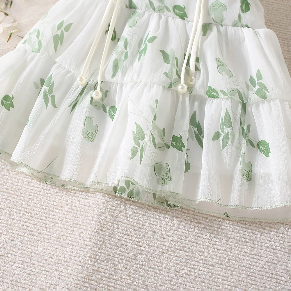 Summer New Girl Baby Dress Hand-painted Green Light and Thin Mesh Flower Small Flying Sleeves Chinese Sweet Princess Dress