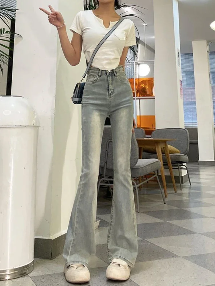 

Джинсы-клеш женские винтажные с высокой талией тонкие корейский стиль модная уличная одежда весна осень простые универсальные джинсовые брюки повседневные уютные