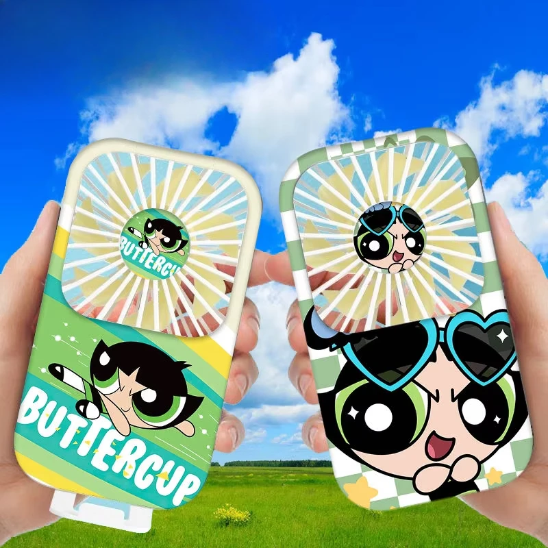 New The Powerpuff Girls Blossom Buttercup Bubbles Anime Peripheral Creative Summer Portable Handheld High Wind Silent Small Fan