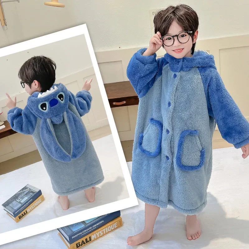 Stitch Kids Flannel Bathrobe Baby Girl Boy Cartoon Hooded Pajamas Children Soft Bath Robe Nightgown Kid Cartoon Thicken Homewear