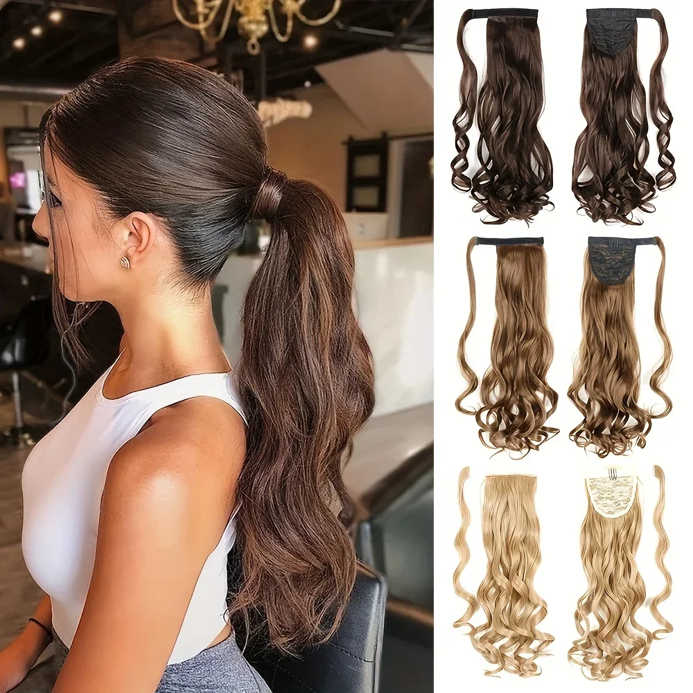 

Long Curly Ponytail Extension Magic Paste Heat Resistant Wavy Synthetic Wrap Around Ponytail Hairpieces for Women Girls