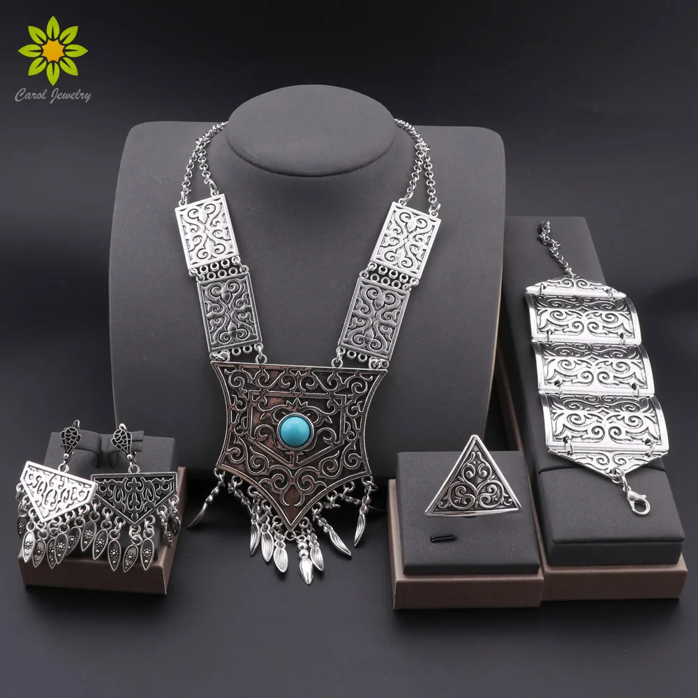 Ethnic Style Silver Plated Jewelry Set Turquoise Necklace Earrings Ring Bracelet Bijoux Bride Gift