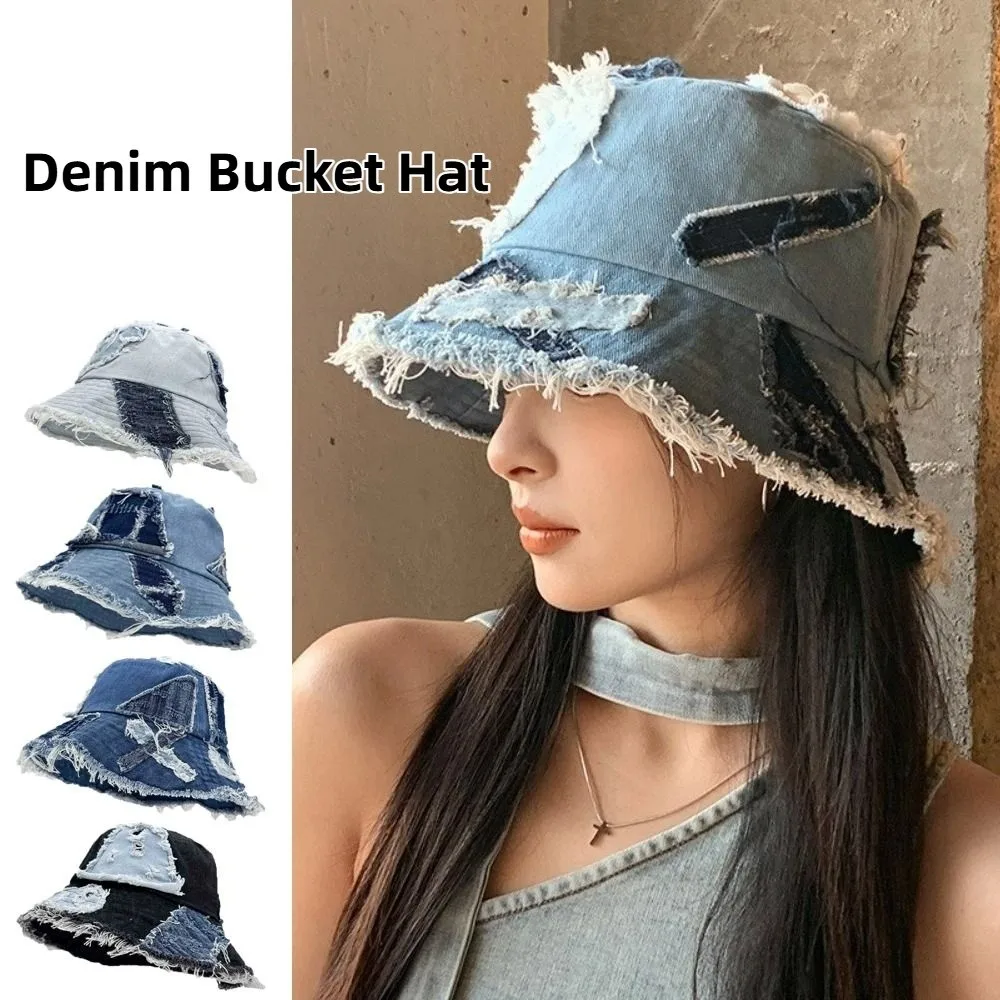 

Niche Japanese Denim Bucket Hat Beggar Style Splicing Retro Fisherman Hat Bule Patched Sun Protection Basin Cap Women