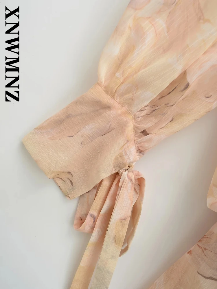 XNWMNZ 2025 ฤดูร้อนใหม่เลดี้แฟชั่น boho โบว์คอยาวแขนยาวมินิชุดลําลองวันหยุดผู้หญิง Ruffle ชุดดอกไม้