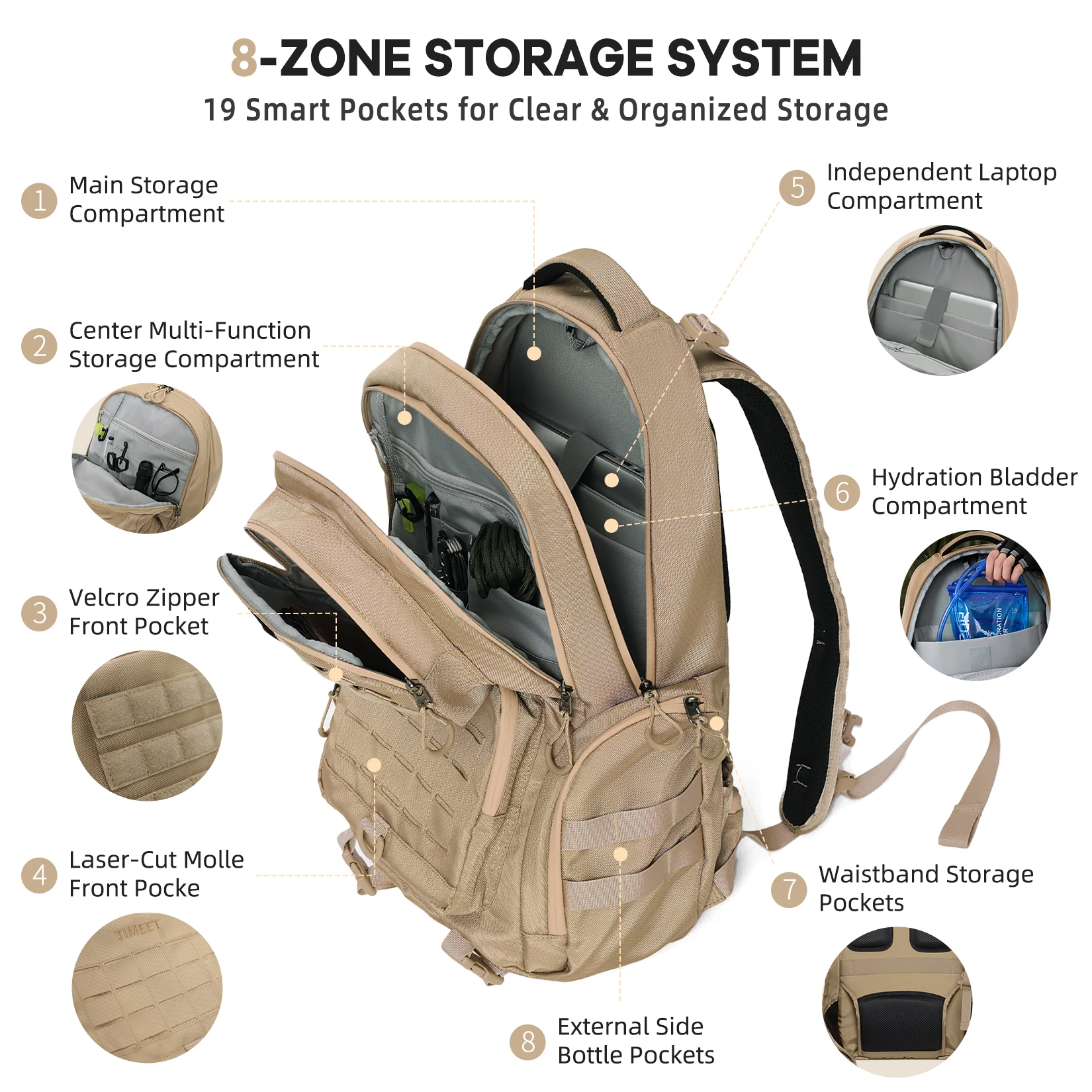 Timeet التكتيكية الرياضة الرحلات الصيد الصيد التخييم حقيبة ترحال على ظهره الرجال مقاوم للماء حقيبة التسلق 17 بوصة محمول على ظهره