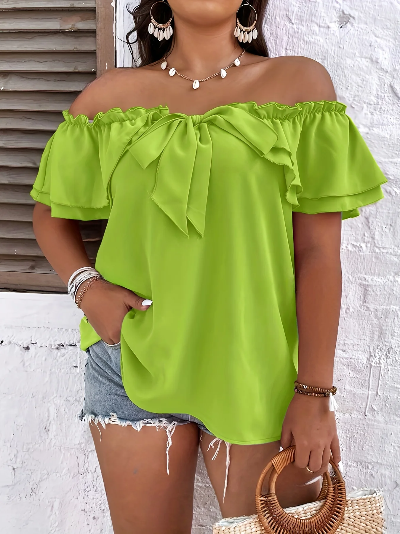 Plus Size Summer Vacation Shirt for Women Casual Solid Curve Clothing Cute Bownot Shoulderless Tops