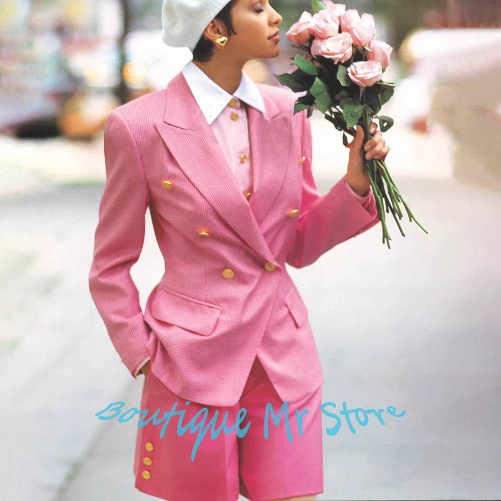 

Pink Double-Breasted Woman Clothes 2 Piece(Jacket+Shorts) Set Professional Androgynous Blazer for Casual Formal Party Outerwear