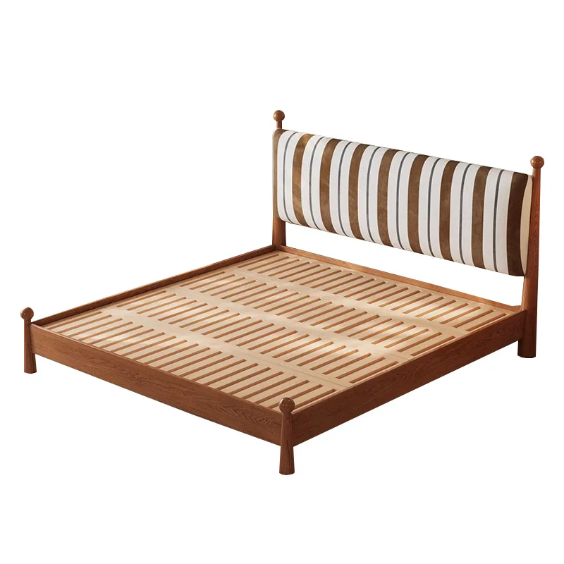 

Medieval striped solid wood double fabric bed fabric 1.8 meters master bed French retro wedding bed