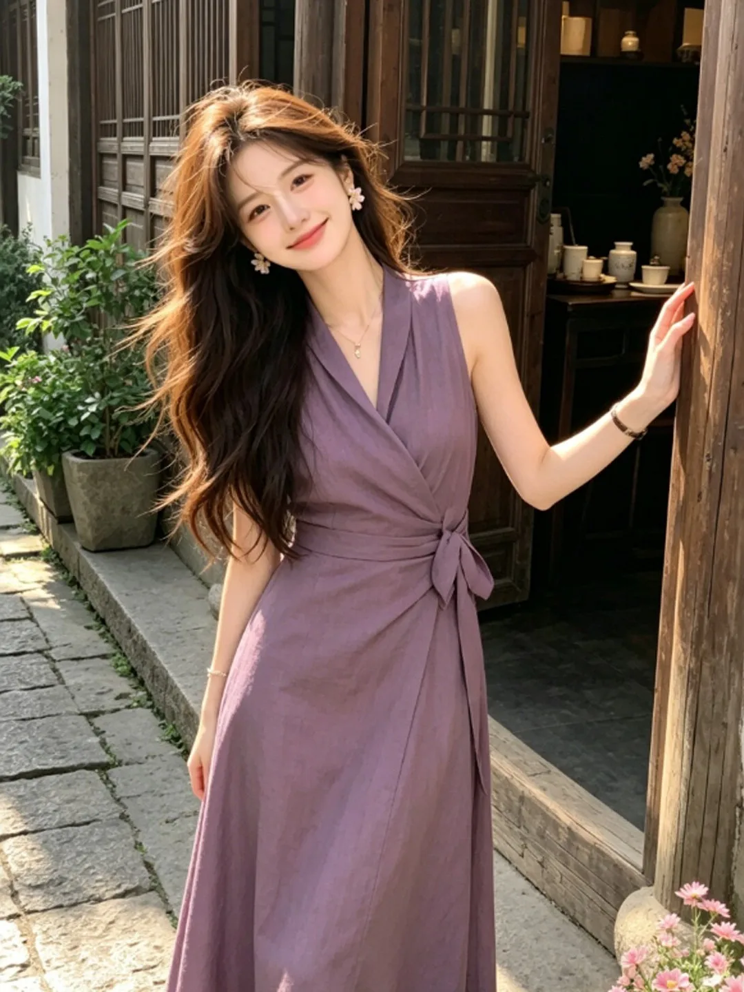 

Elegant Purple Slim Fit Strap Long Dress Unique Beautiful Summer City Commute Date Casual Daily Shopping High Waist V Neck