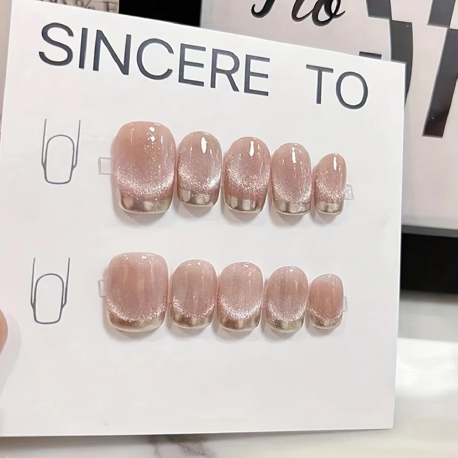 

10pcs high-end White moonlight French cat eyes handmade fake nails, Flash short lightweight nail patch for women