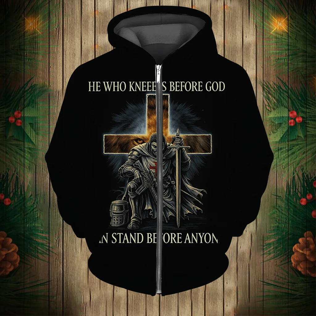 

2025 autumn and winter hot selling men's casual hooded zipper sweatshirt, 3D Templar printed fashionable retro hooded sweatshirt