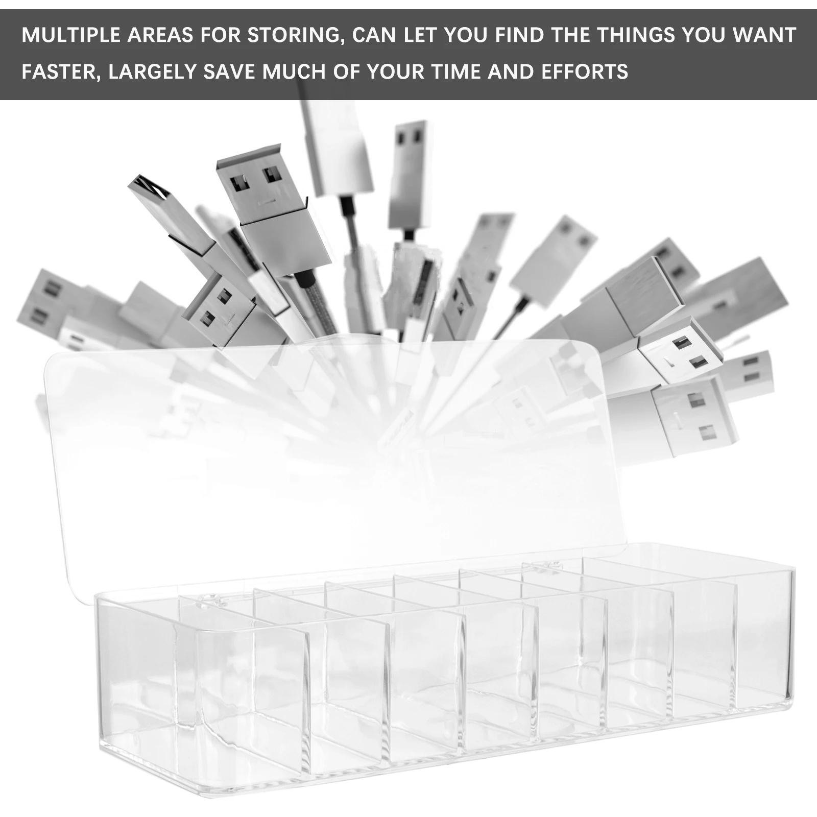 

Cord Organizer Box Acrylic 8 Compartments Charging Cable Storage Case Lid Dustproof Electronics Organizer Travel Cord