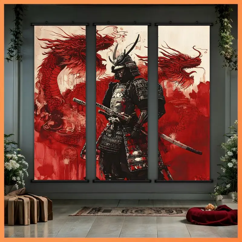 VIKAMA Crimson Dragon Samurai Wall Tapestry Armor Sword Black Ink Scroll Art Home Decor Soft Plush Durable Cozy Aesthetic Gift