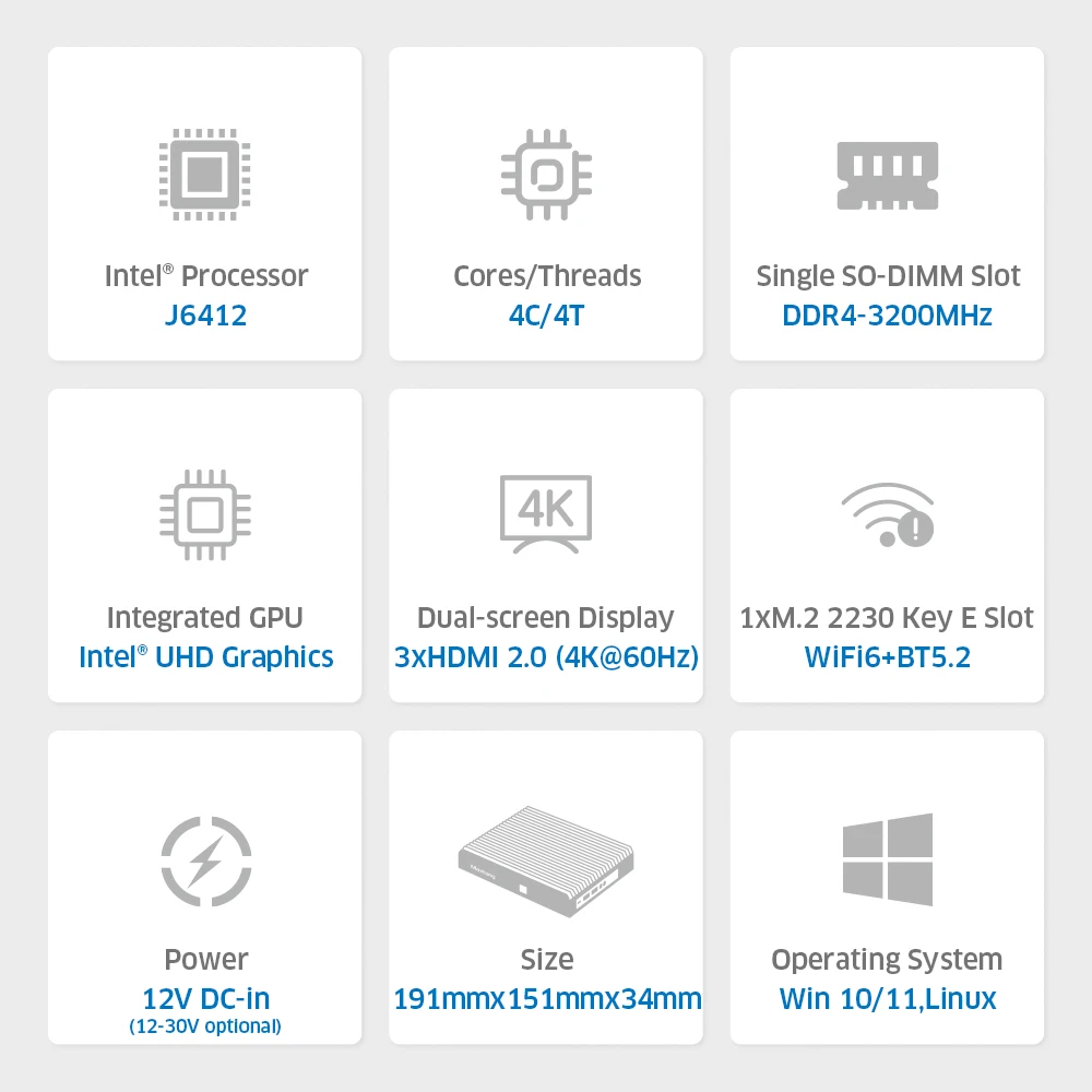 Maxtang 팬리스 산업용 미니 PC, DDR4 트리플 디스플레이 데스크탑 컴퓨터 PC, Wins 10/11 WiFi6 BT5.2, 12 세대 셀러론 J6412