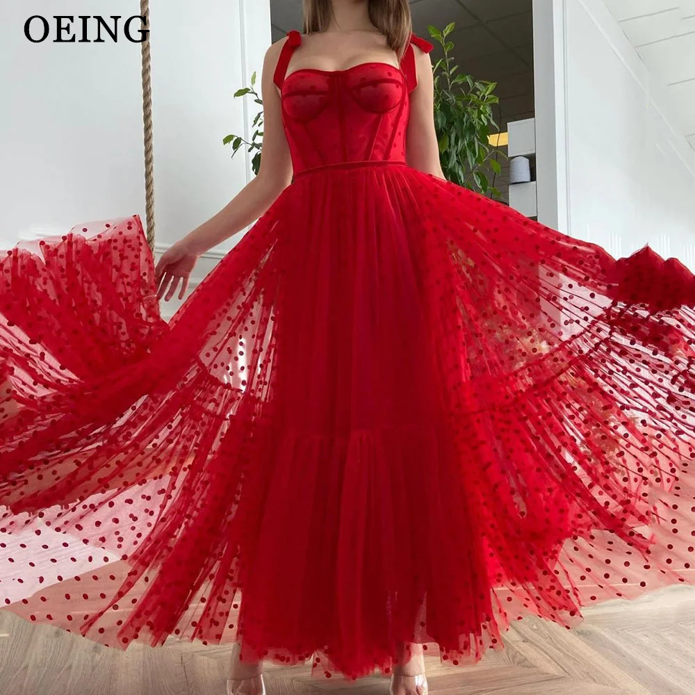 

OEING Fairy A-Line Prom Dresses Red Midi Dotted Evening Dress With Bow Straps Special Occasion Party Gown Vestidos De Gala