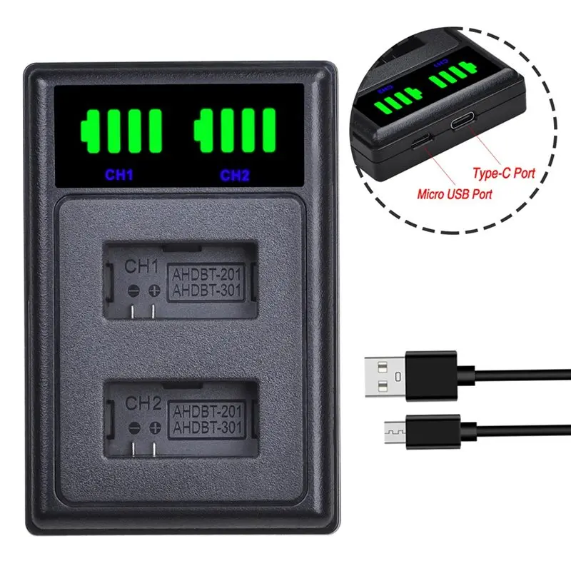 AHDBT-301 302 LED USB For Gopro Hero3+Go Pro Hero 3 Hero 3 HD Cameras 301, LED Display Dual-Slot Chargers