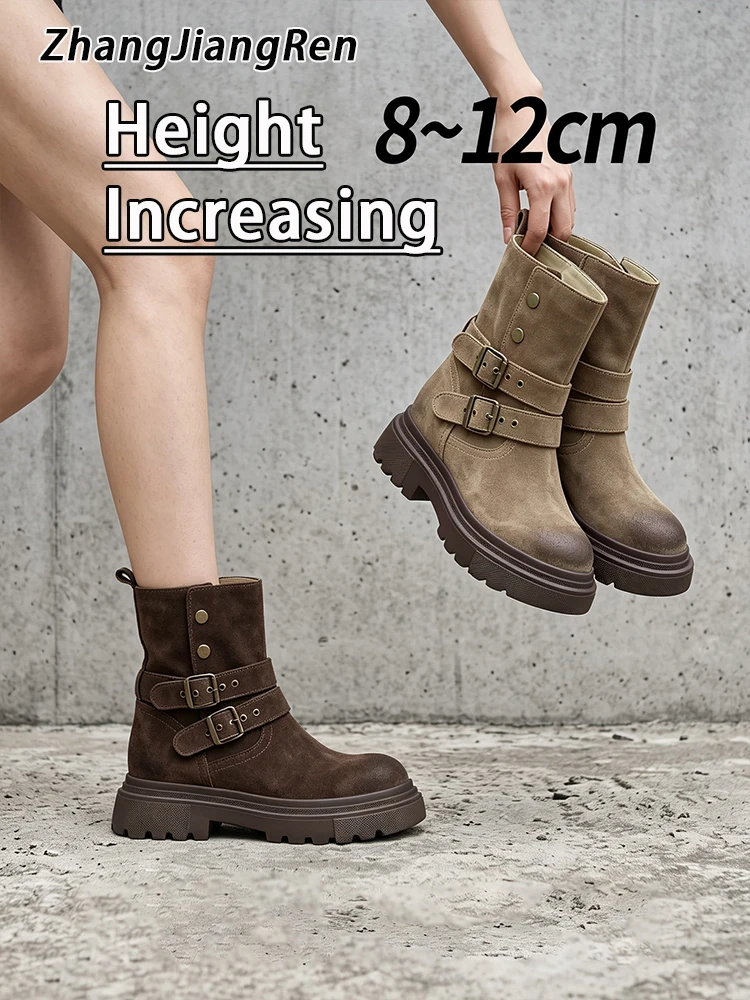 Bottines compensées invisibles ZJR 8-12 cm pour femmes, bottines à talon compensé, bottines à revers pliables, bottines courtes réversibles, chaussures compensées en daim de vache
