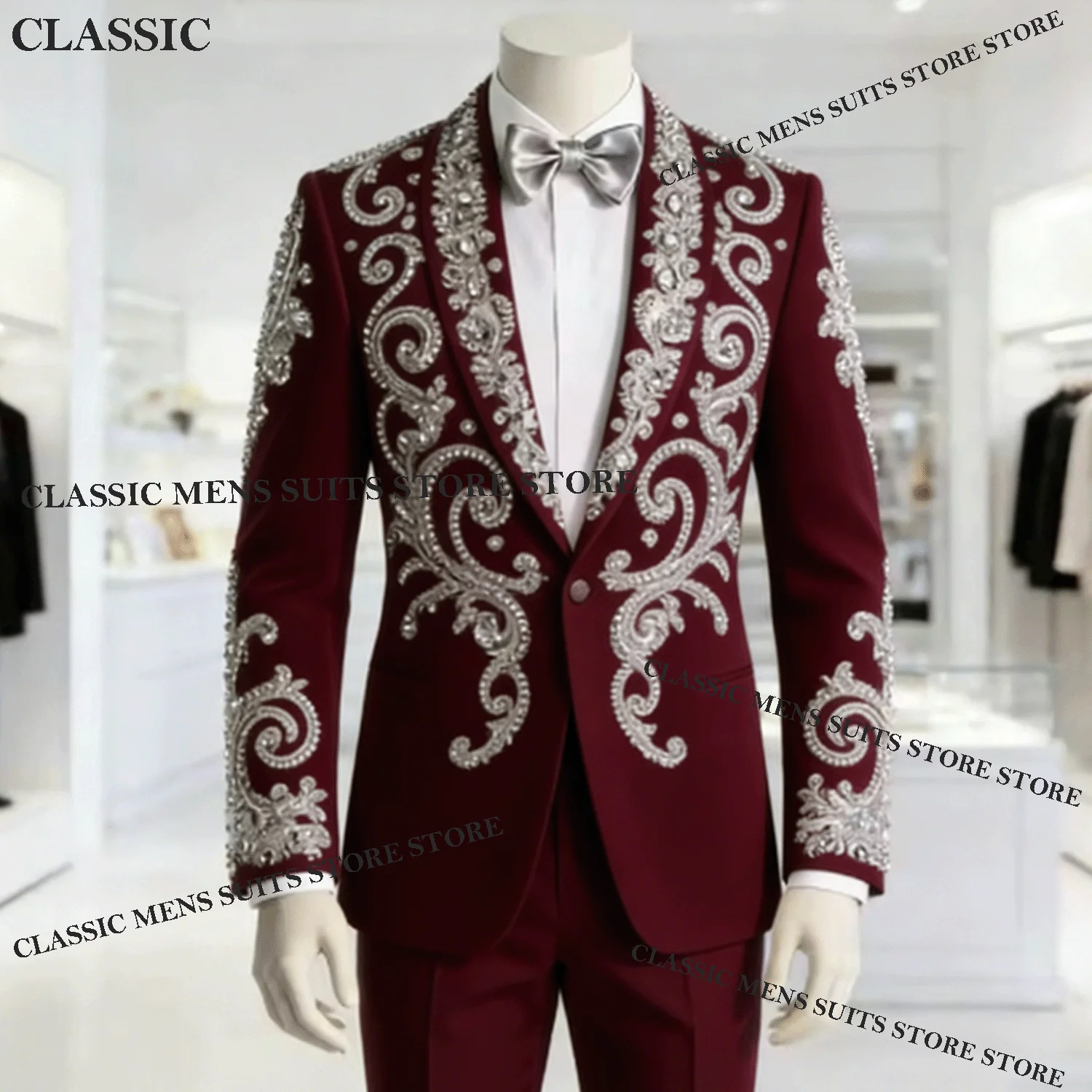 

Customized Crystal Diamond Men Suits Handmade Embroidery Wedding Ropa Blazer 2 Pieces Sets Male Prom Blazer Luxury Groom Tuxedos