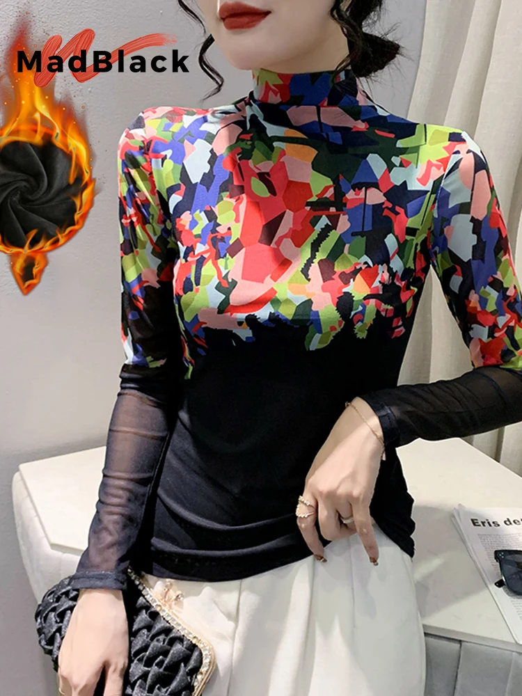 

MadBlack-женская флисовая футболка в европейском стиле, сексуальная водолазка с принтом, рабочая одежда, тонкая футболка S-3XL с длинными рукавами, осенняя новинка 2023 года T5N279CC