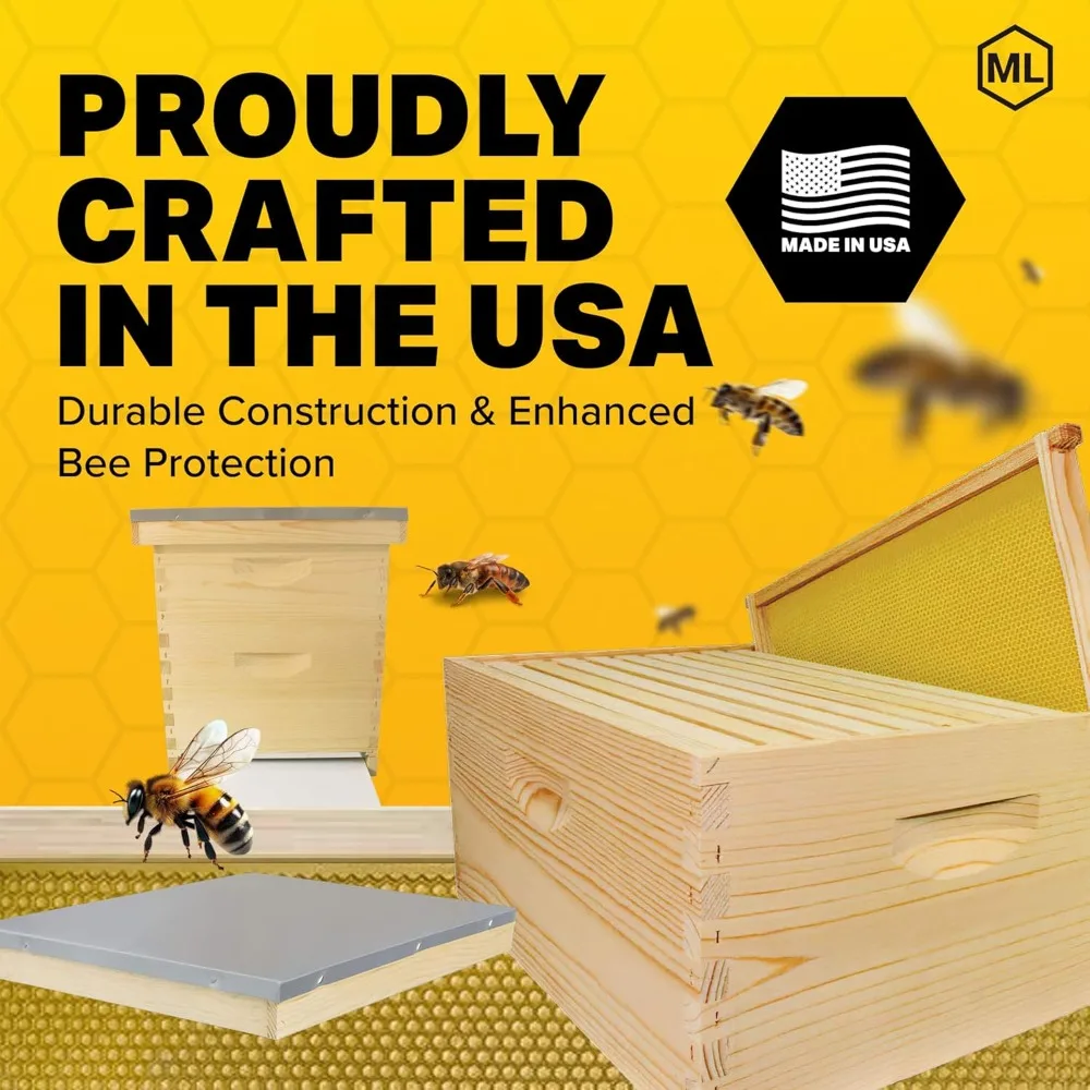 Beginner's Complete 10-Frame Beehive Kit with One Deep and One Medium Super, Crafted from Quality Pine, Made in the USA