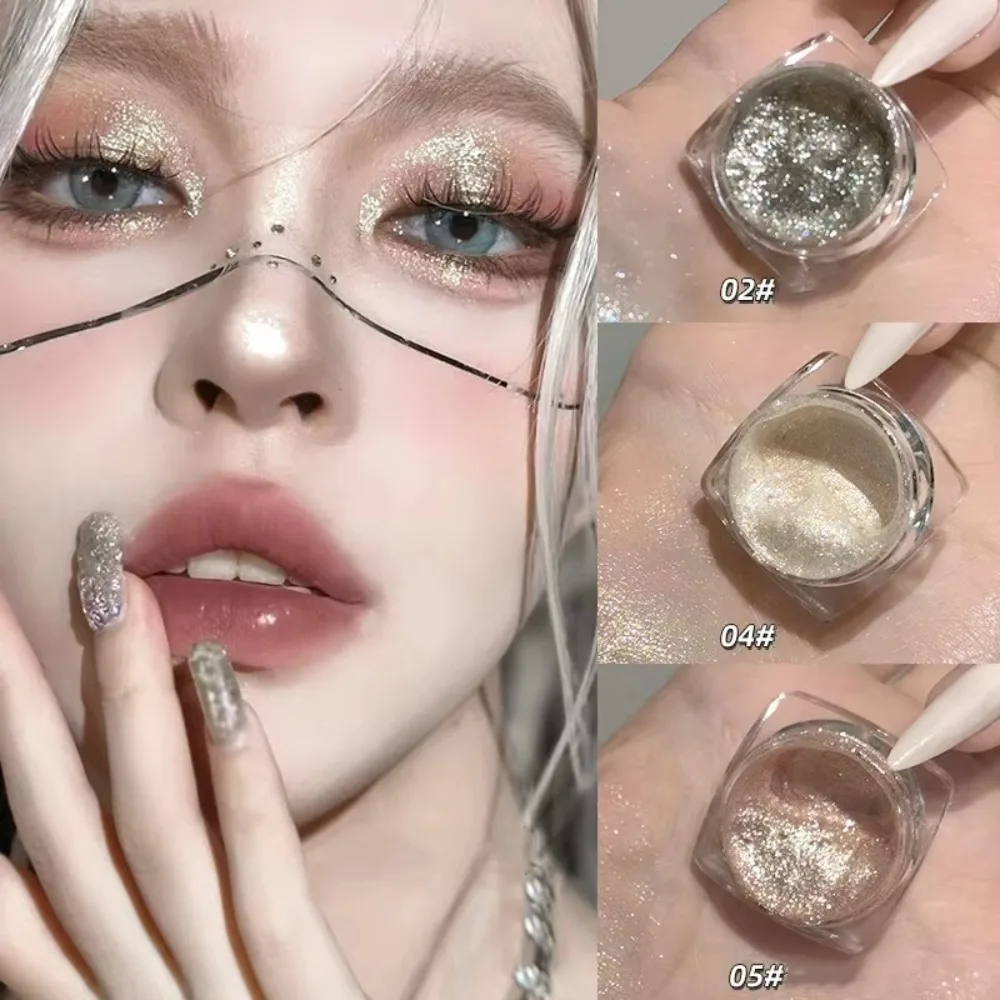 برطمانات ظلال عيون فضية بيضاء مقاومة للماء لامعة على شكل دودة القز، جل لامع لظلال العيون، ترتر يدوم طويلاً