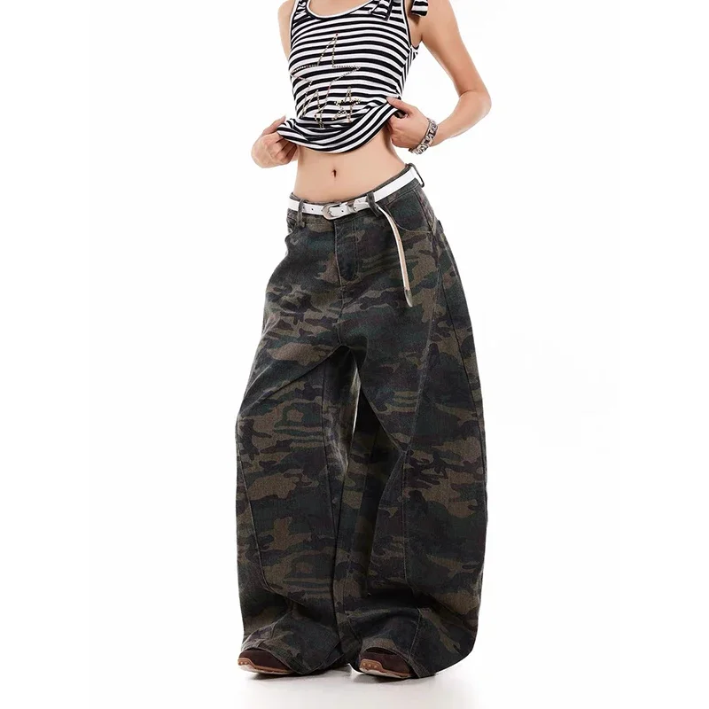 女性ヴィンテージ迷彩カーゴジーンズ原宿 Y2k だぶだぶのデニムパンツストリート美的 2000 年代ゴミパンツ服