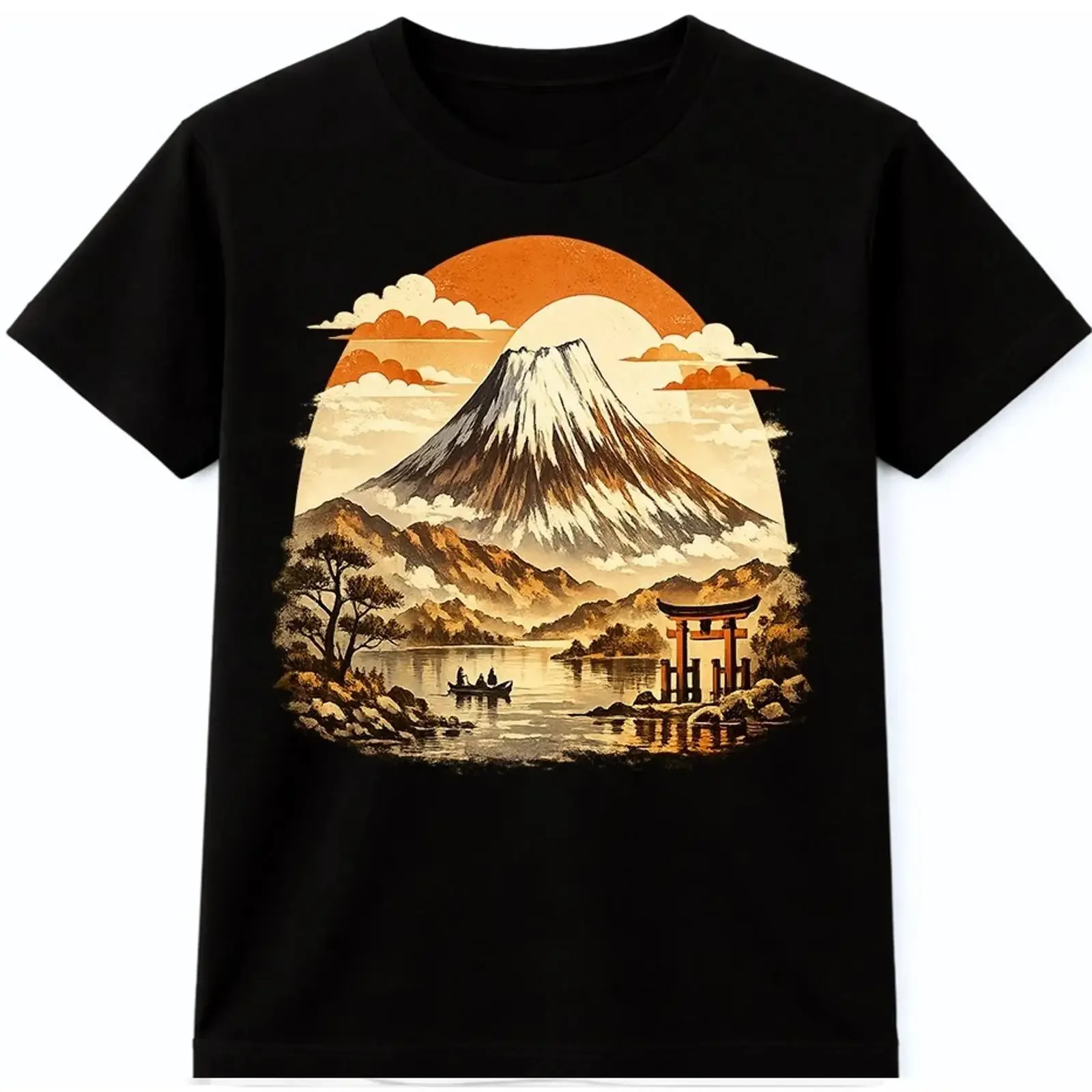 Mount Fuji Japanese Landscape T Shirt Torii Gate Lake Sunset Vintage vintage Washed Top For Everyday Wear homme Unisex