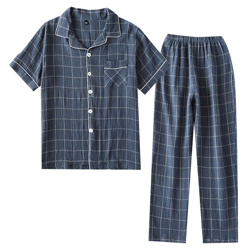 Men's Spring Summer Cotton Pajamas New Short-Sleeved Trousers Home Clothes Suit Lightweight for Hotel Use