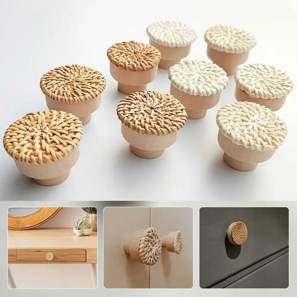

Raw Wood Handle Rattan Woven Circular Cake Wooden Handle Cabinet Door Drawer Wooden Handle Sngle Hole