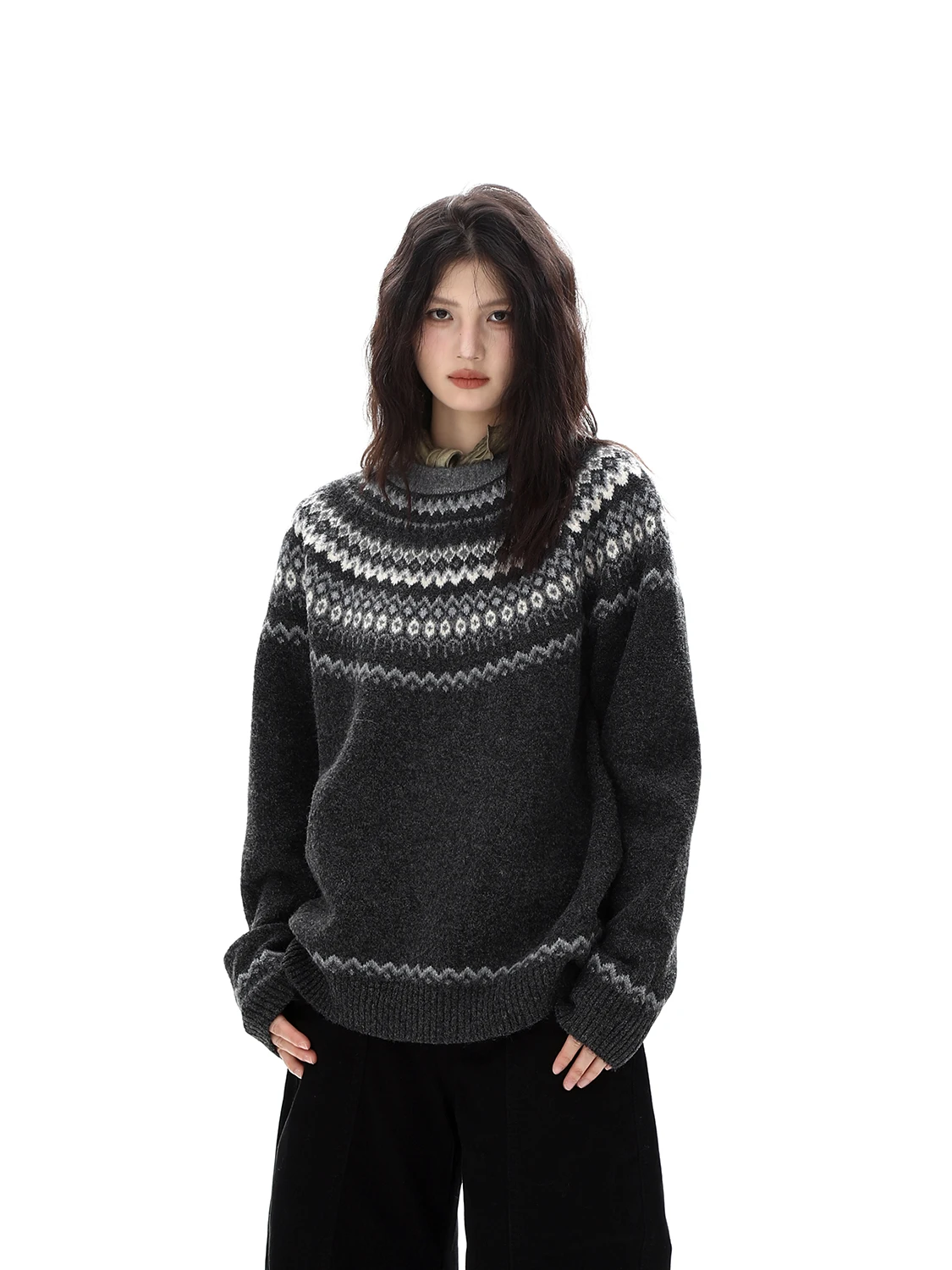 

Американский ретро-свитер в стиле Fair Isle с круглым вырезом, свободный повседневный вязаный пуловер для мужчин и женщин, осенне-зимний, комфортный.