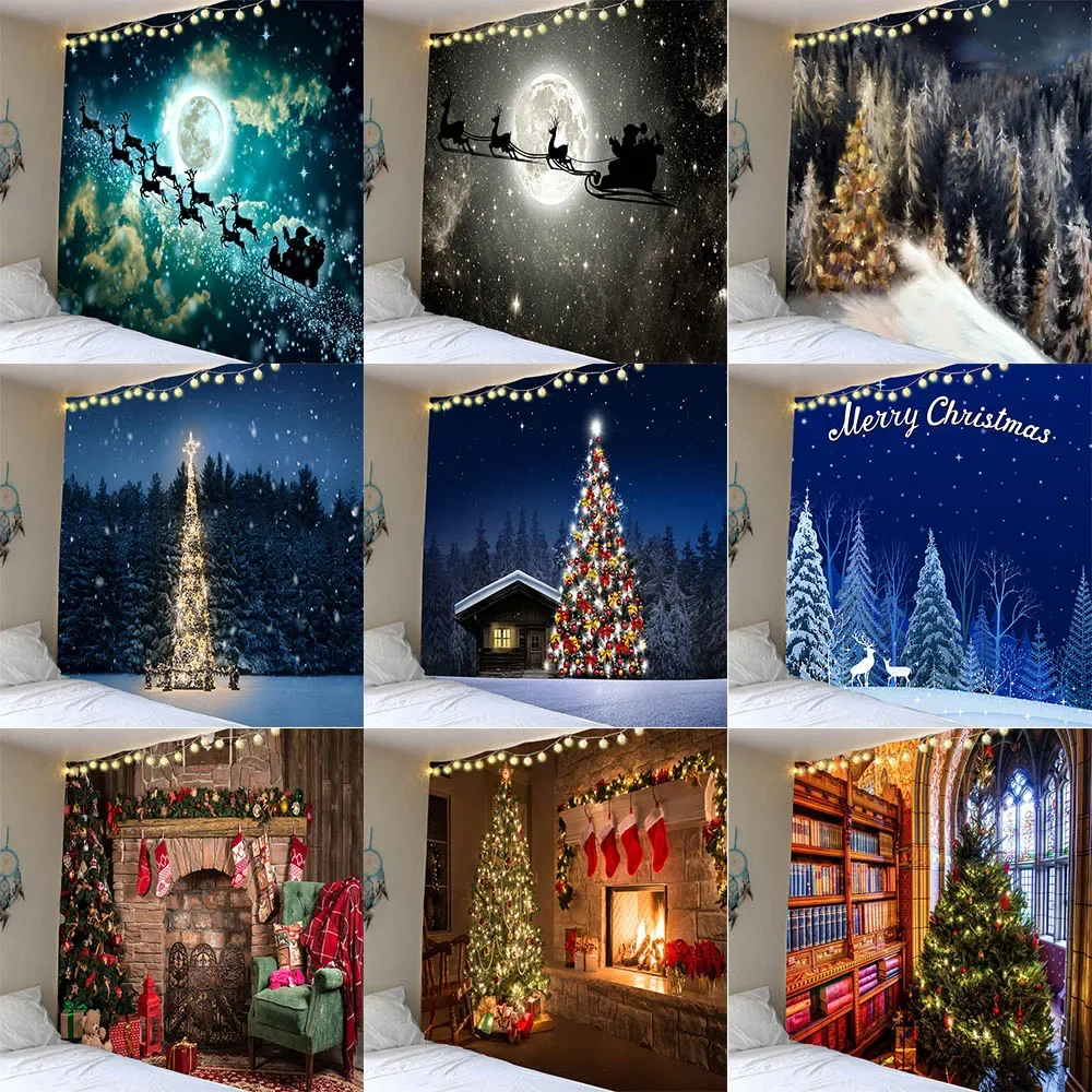 Merry Christmas Christmas tree decoration fireplace print pattern tapestry home living room bedroom decoration hanging tapestry