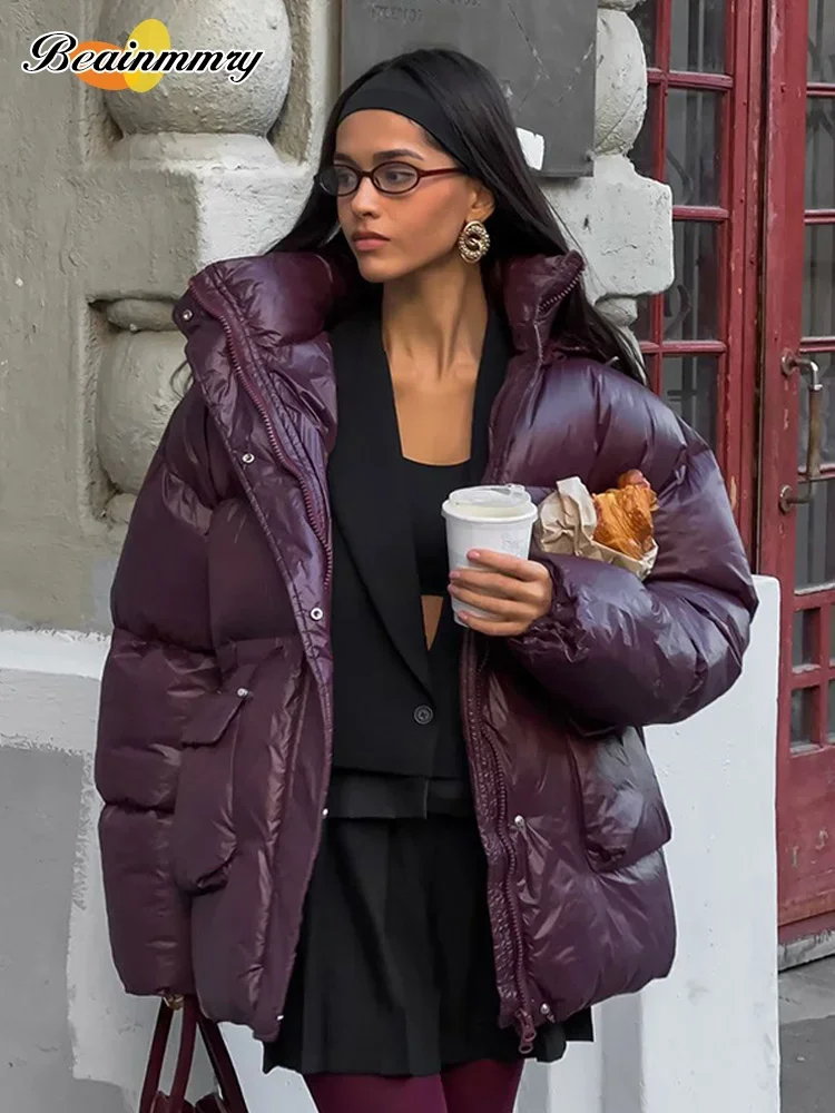 Women Burgundy Zipper Padded Jacket Fashion Thicken Warm Stand Collar Cotton-padded Coat New Lady High Street Causal Outerwear