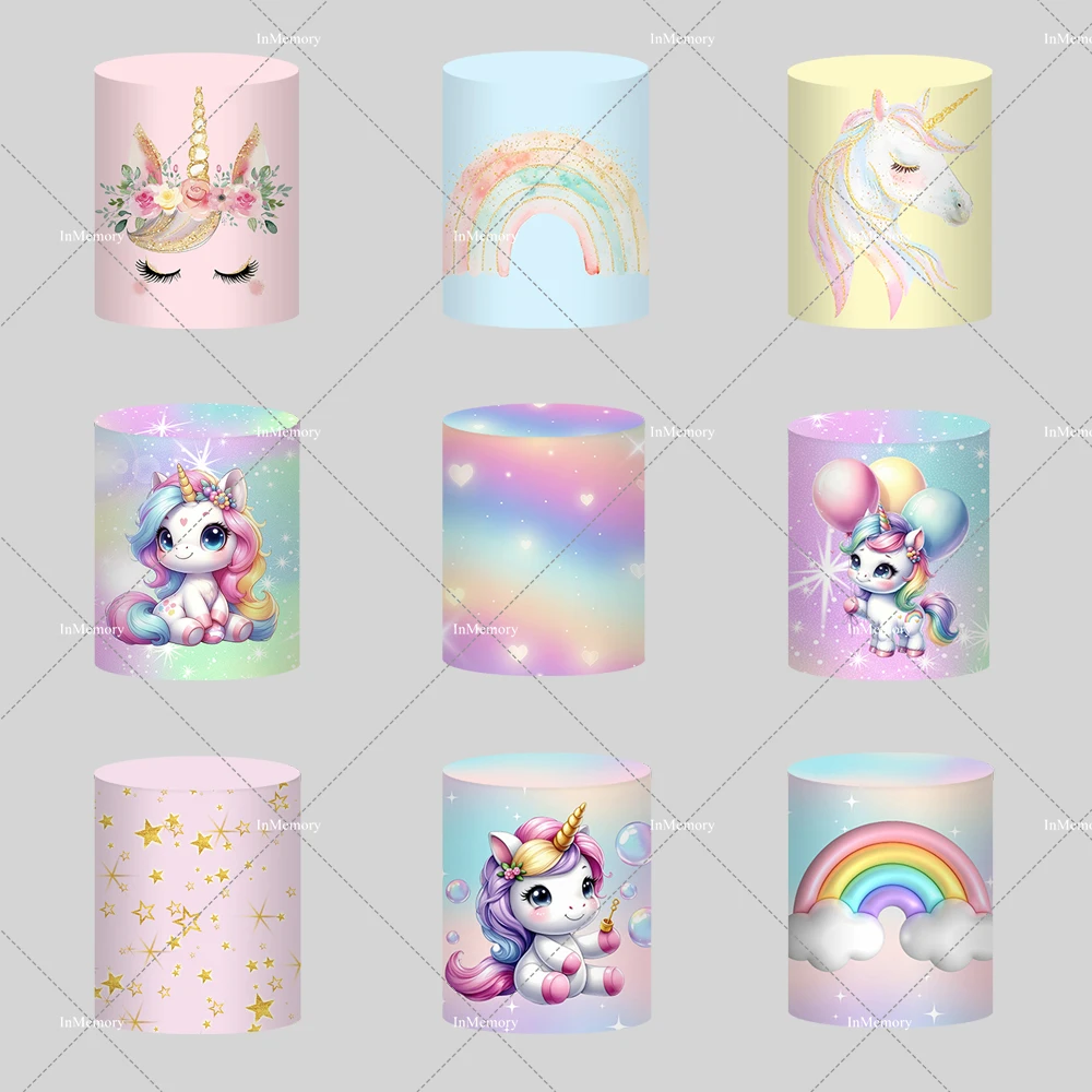 9 Options Unicorn Theme Round Cylinder Plinth Covers Background Elastic Polyster Customized Pedestal Cover