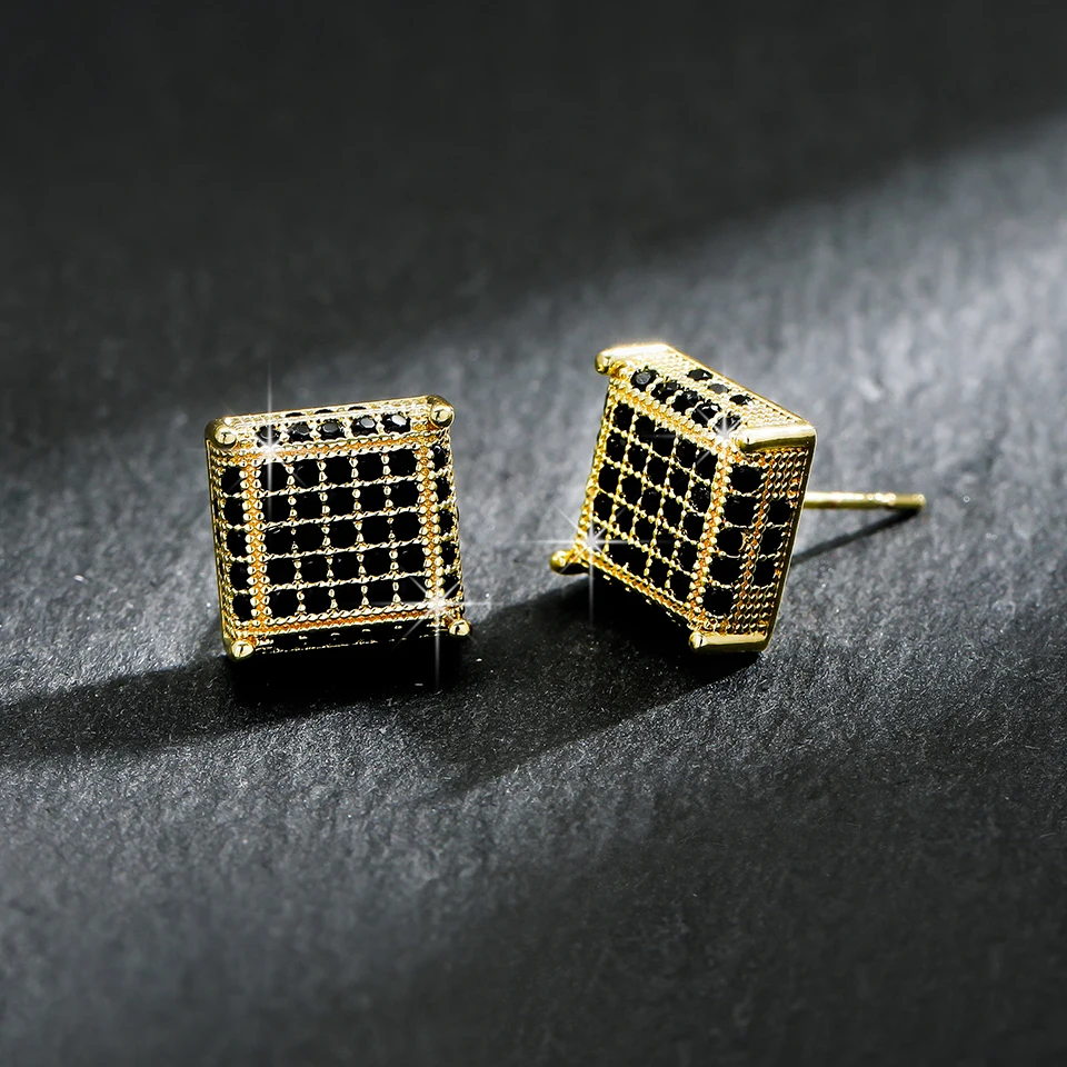 TrendMen Hiphop Rock Square Cubic Copper Zirconia Stud Earrings For Men Boy Gold Color Metal Crystal Earring Party Ear Jewelry