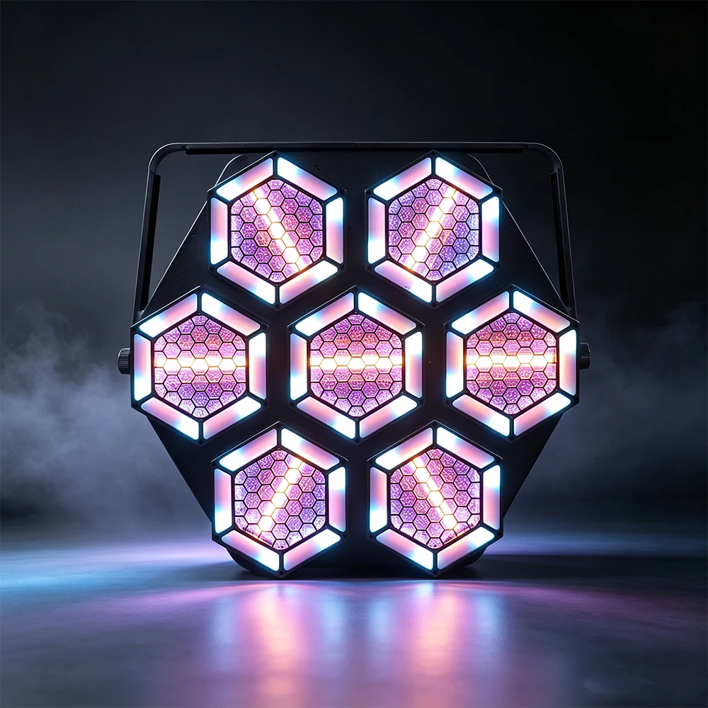 7-светодиодный шестиугольный винтажный сценический светильник RGB с пиксельной матрицей, ретро-эффект, DMX-управление, стробоскоп, фоновое освещение для баров и клубов