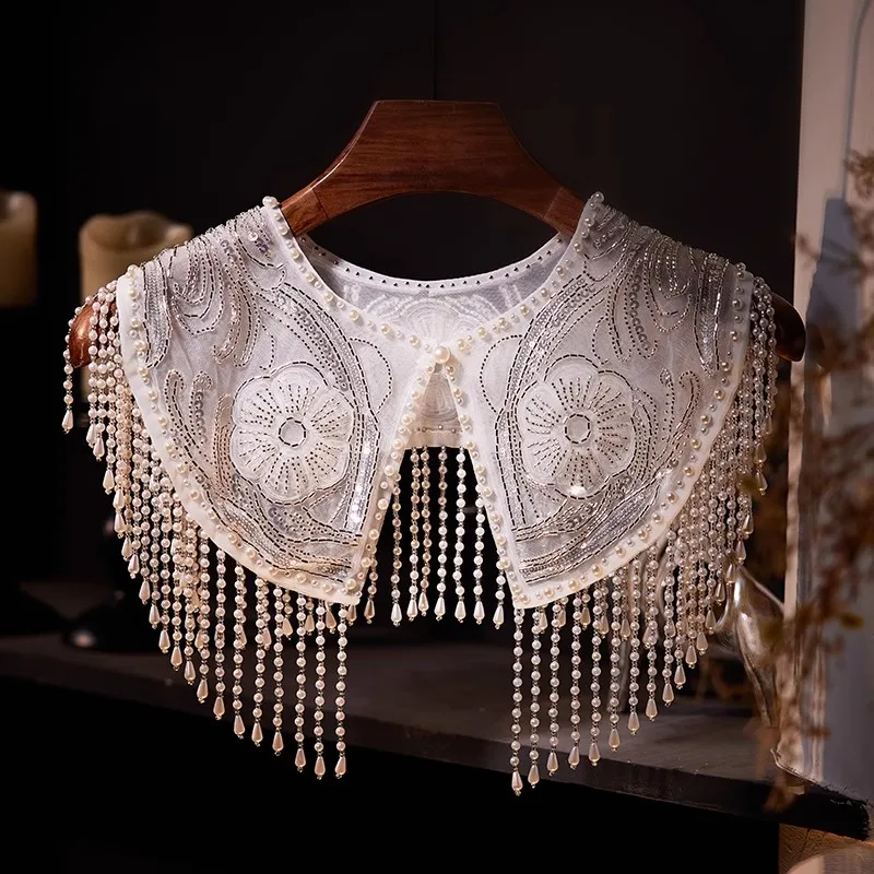 

Women's Luxury Vintage Embroidery Beaded Pearl Tassel Pashmina Female Autumn Winter Chinese Vintage Shawl Cloak Collar R2869