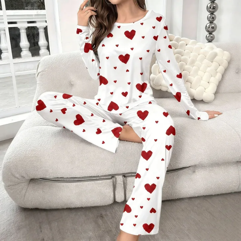 

Women Heart Print Pajama Sets Long Sleeve O-neck Tops+Pants Spring Summer Female Casual Sleepwear Soft Breathable Loungewear