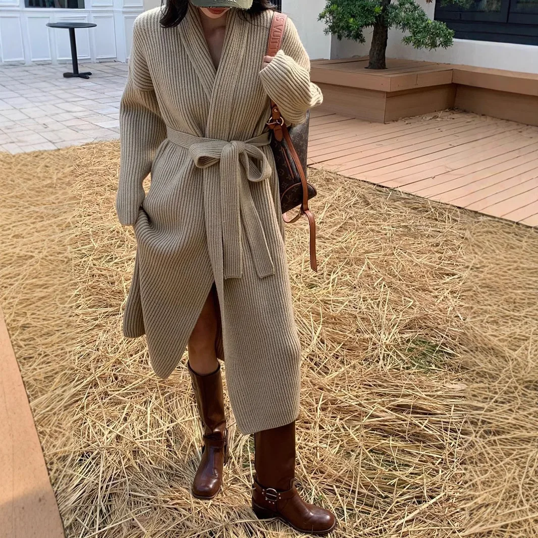 

Женский вязаный кардиган, свитера, однотонные длинные джемперы на шнуровке с v-образным вырезом и длинными рукавами, с открытой строчкой, свободные толстые повседневные 202, осень-зима