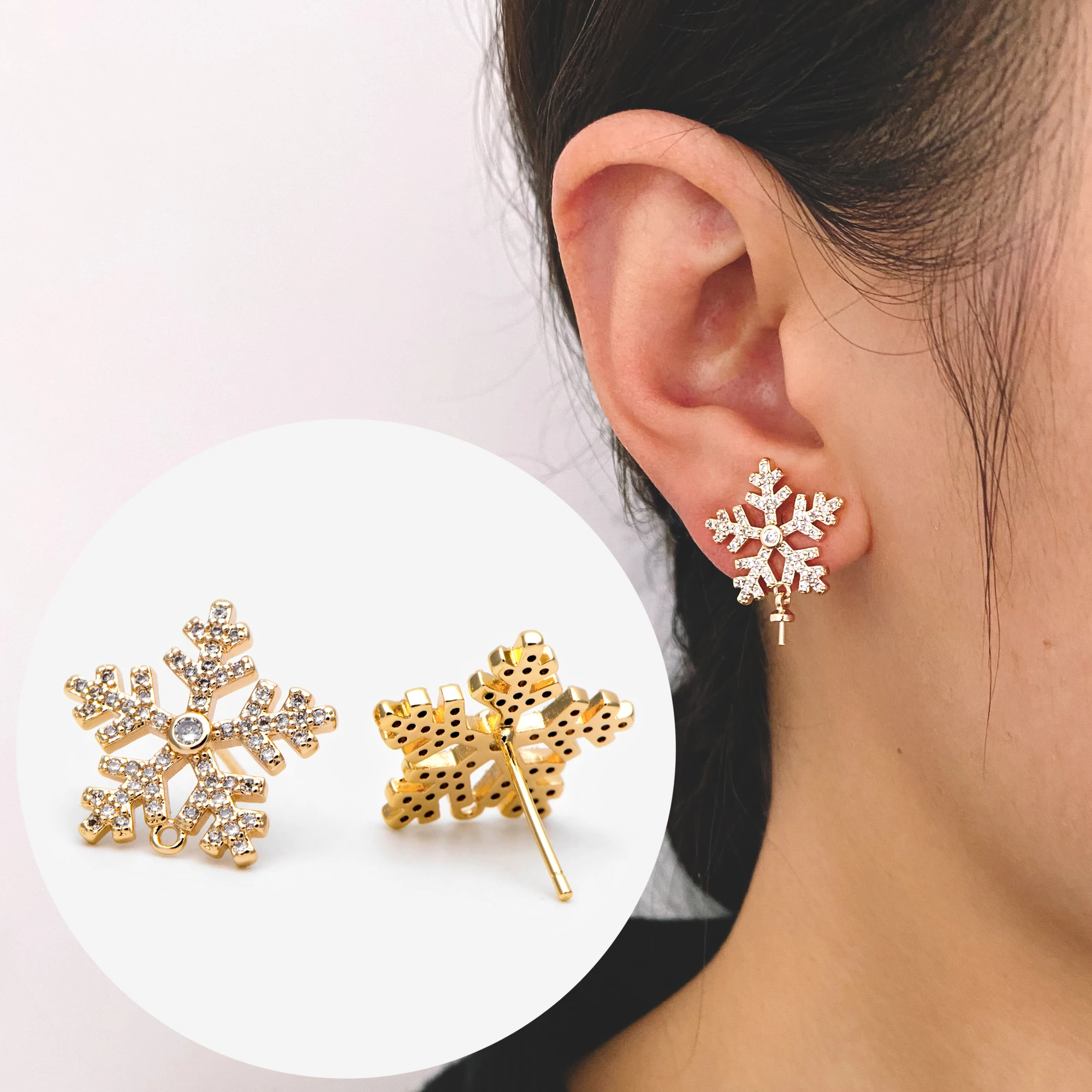 

4pcs CZ Paved Gold Snowflake Ear Posts 15mm, Earring For Jewelry Making Diy Material Supplies Findings (GB-1737)