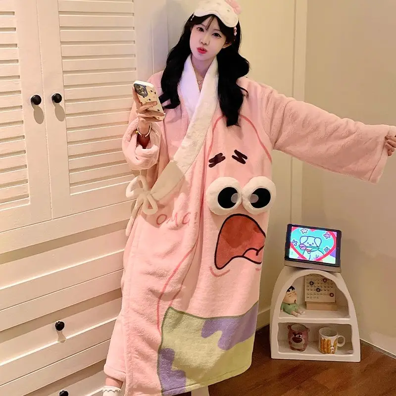 

Anime Patrick Star Flannel Thicken Keep Warm Nightgown Bathrobe Girl Winter Cute Cartoon Lounge Clothes Can Be Worn Outside New