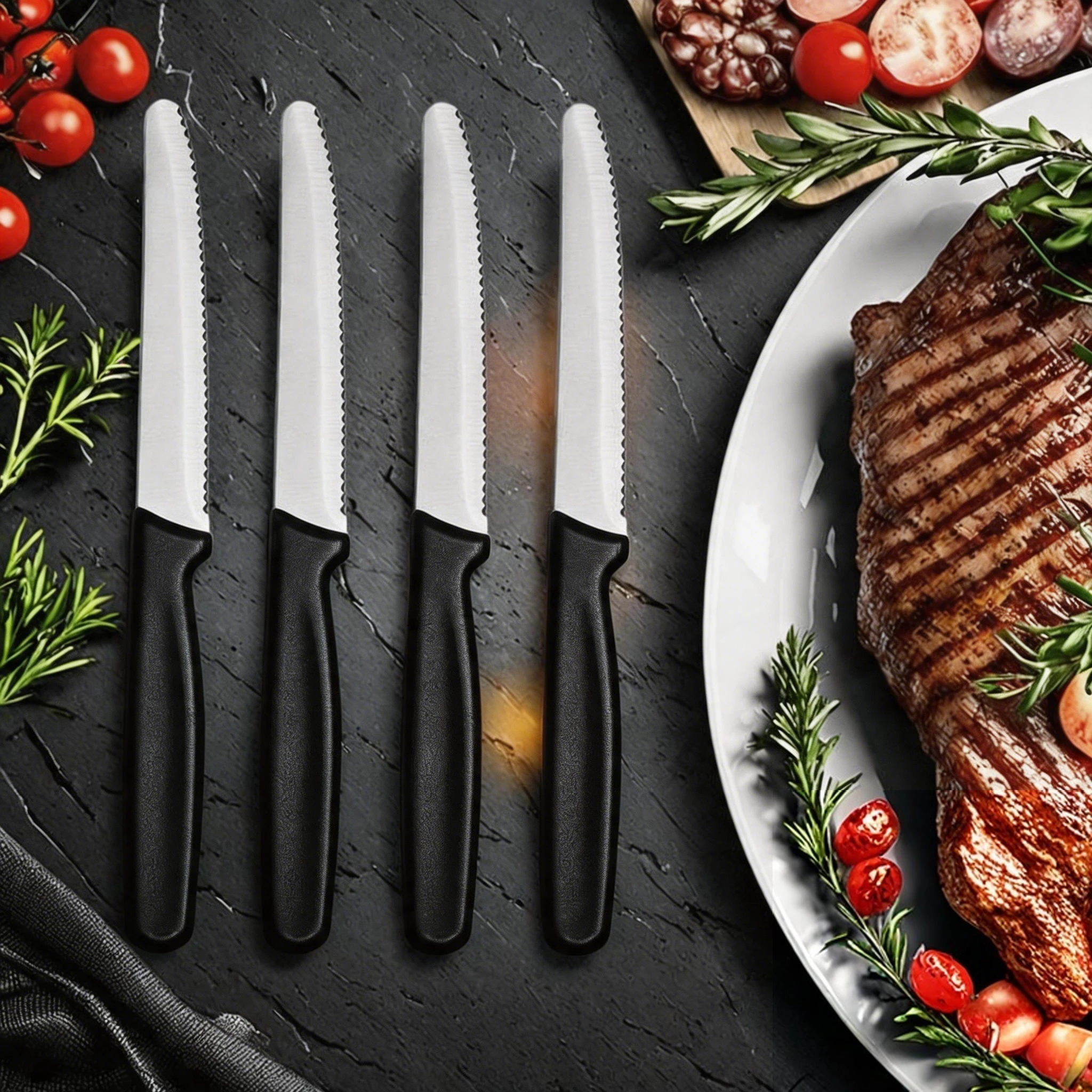 1/2/4/6/8pcs  serrated steak knife set stainless steel sharp serrated blade fruit knife anti-slip ergonomic black plastic handle