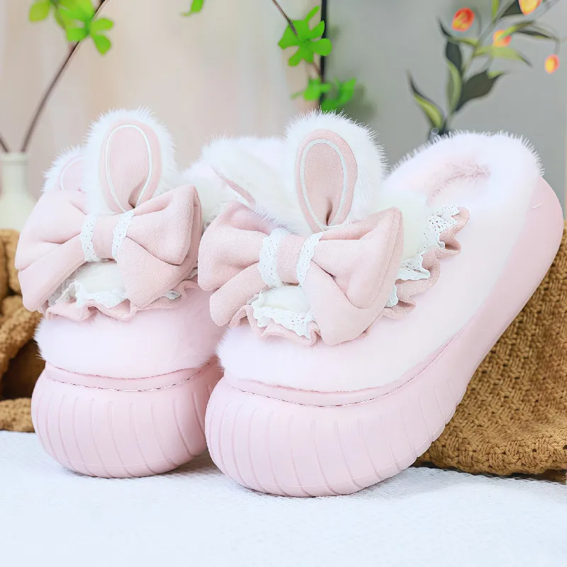 

New pink bunny ears platform slipper women's chunky clogs shoes home lolita slippers woman warm plush house shoes rabbit sliper