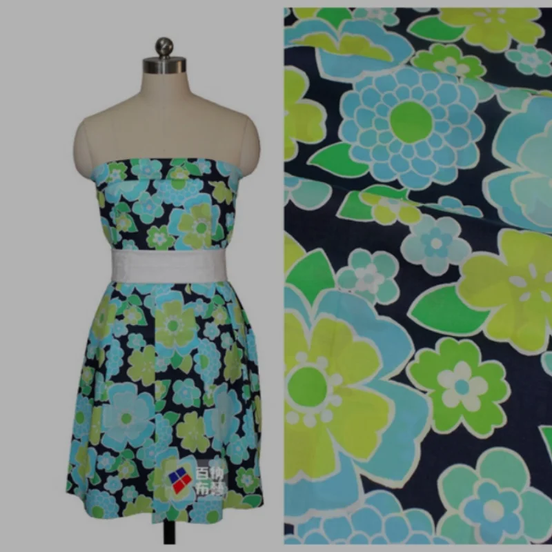 

Black Bottom With Yellow Blue Flower Print, 100% Cotton Poplin Fabric For Summer Garment Dress Cap Coverchief Sewing Cloth, T17