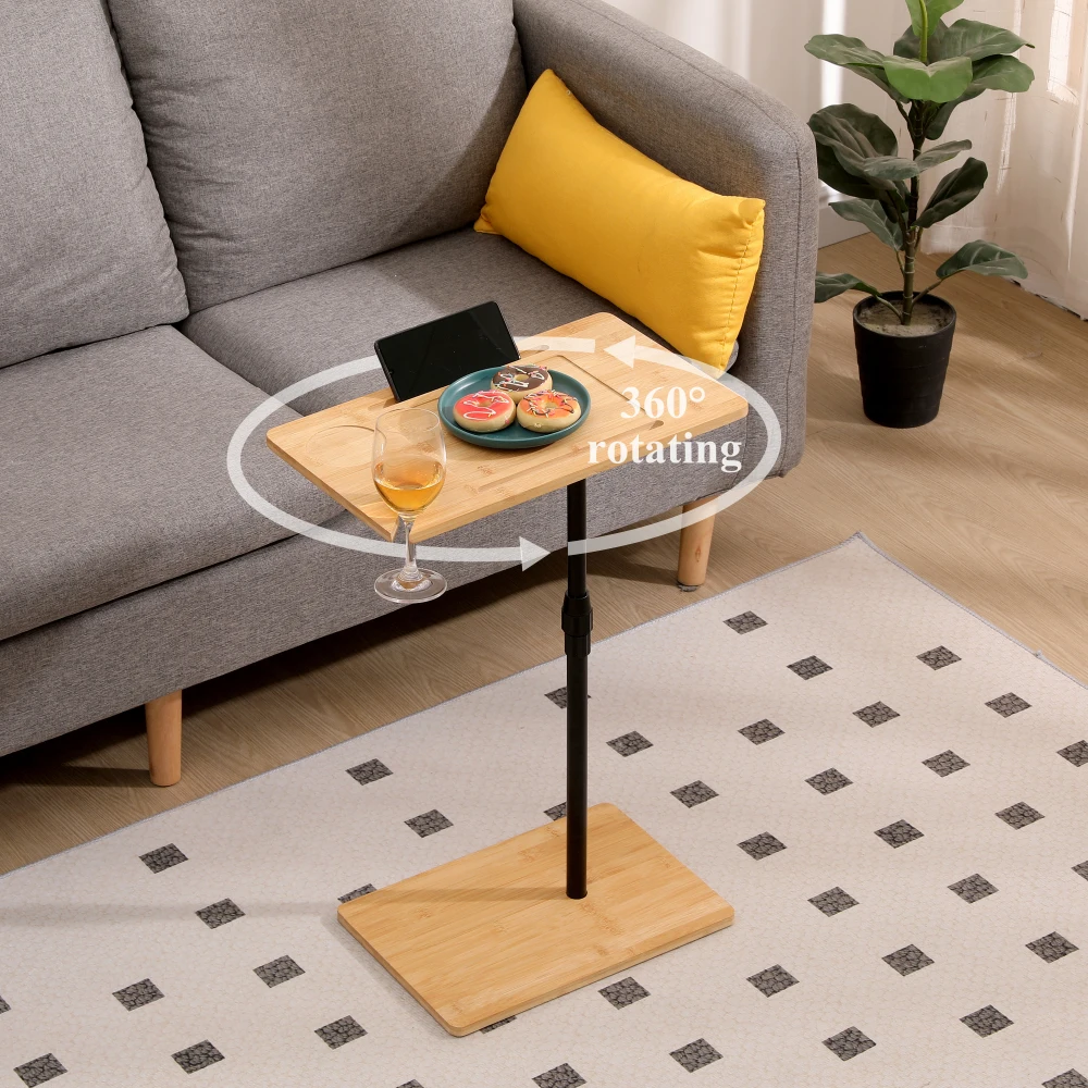 Height Adjustable Bamboo C-Shaped Sofa Side Table, 2 Tier Couch Tray Table with Storage Slots, Double Rectangle End Table for Living Room, Bedroom and Indoor Daily Use