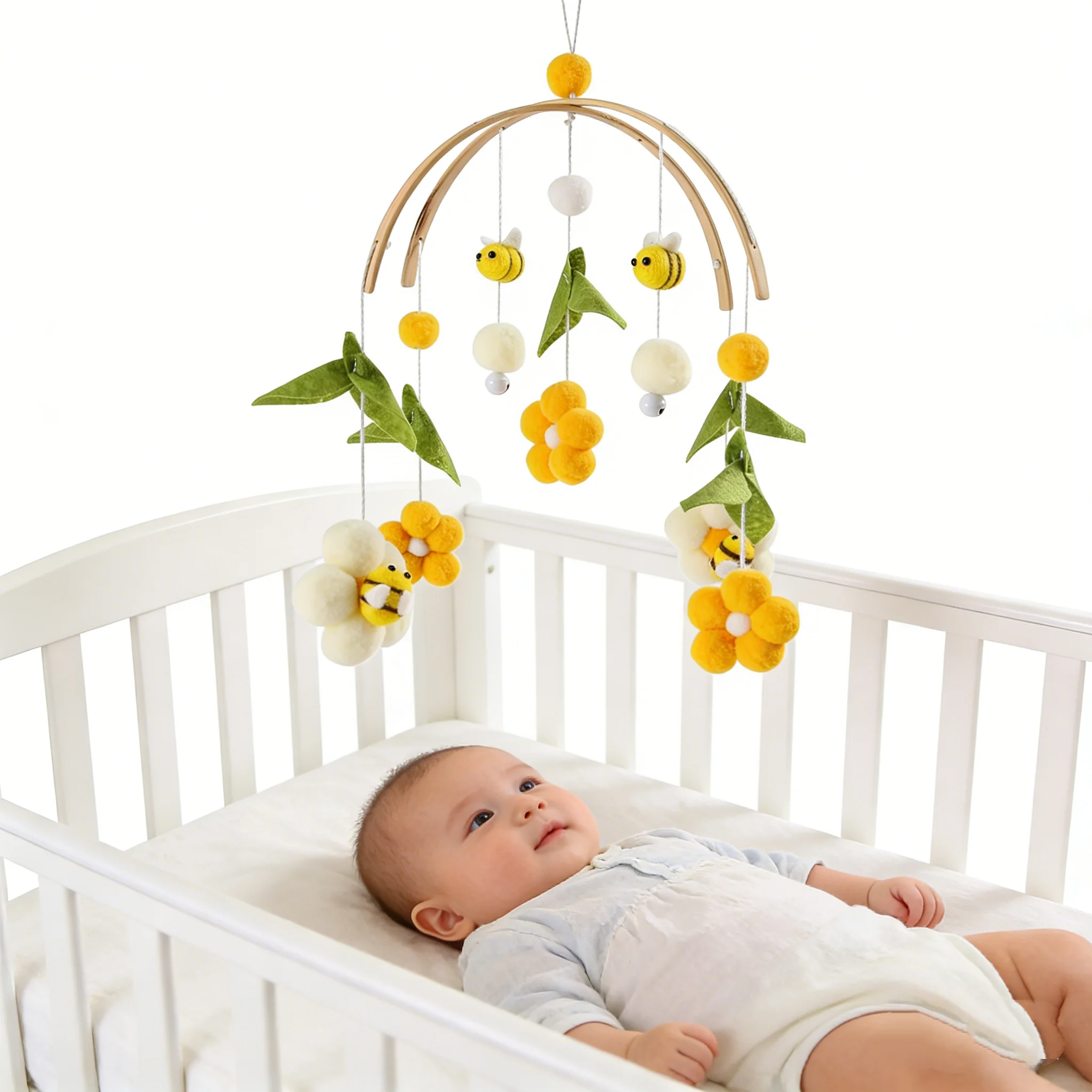 

Мобиль на кроватку для малышей Baby Bee: цветочные плетеные игрушки, хлопковые погремушки, деревянные колокольчики, 0-12 месяцев. Аксессуары для детских кроваток, подарки для новорожденных.